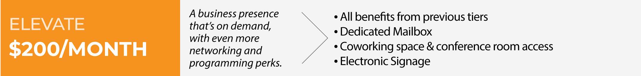 Elevate Membership: $200 per month. Includes all benefits from previous tiers, dedicated mailbox, coworking space & conference room access, electronic signature.