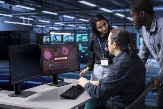 Diverse colleagues in server farm trying to protect gear from hacker stealing information. Multiethnic staff members in data center trying to fix security breach alert caused by virus